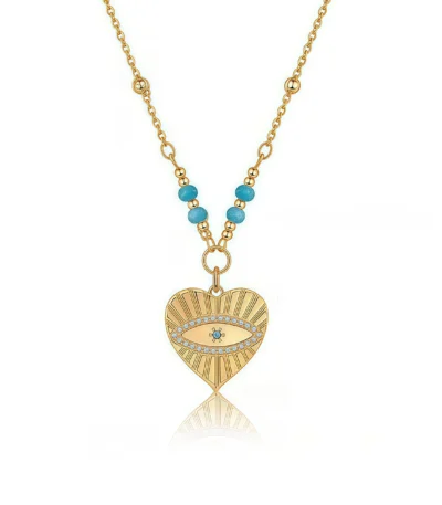 Cosmic Love Turquoise Peach Heart Evil Eye Necklace on white background
