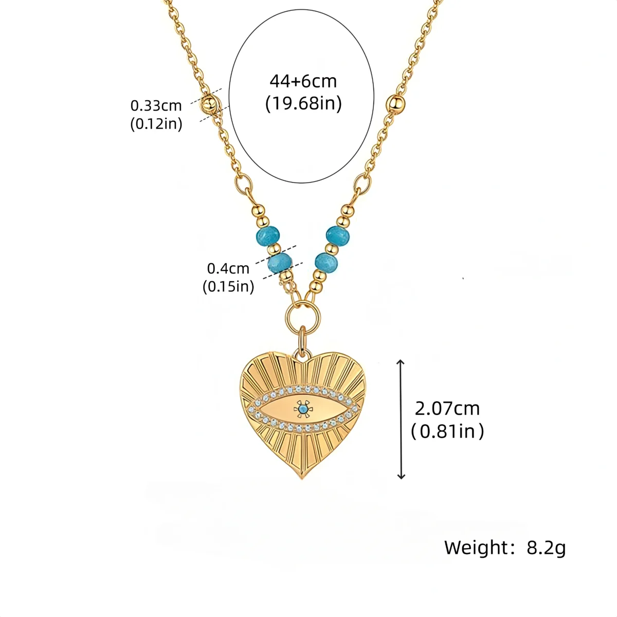 Cosmic Love-Turquoise Peach Heart Evil Eye Necklace-size chart