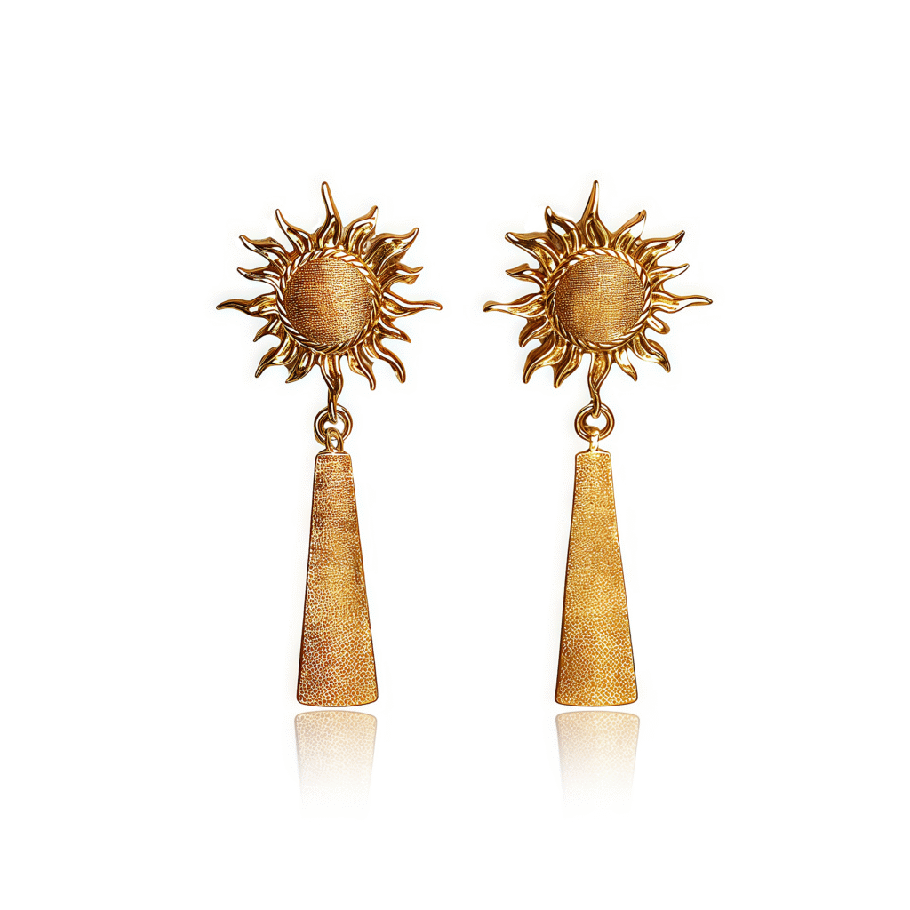 Golden sun earrings with flowing tassels symbolizing cosmic energy and solar light