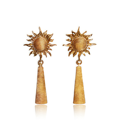 Golden sun earrings with flowing tassels symbolizing cosmic energy and solar light
