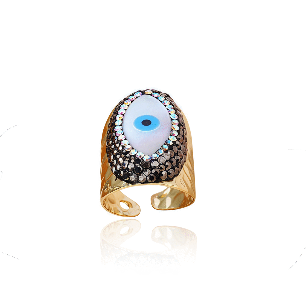 Evil Eye Shell Ring – Cosmic Spiral Protection with natural shell and gold-plated clay