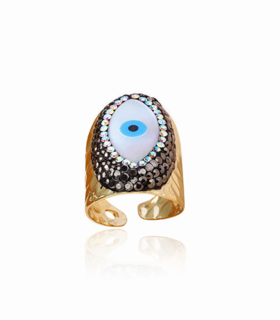 Evil Eye Shell Ring – Cosmic Spiral Protection with natural shell and gold-plated clay