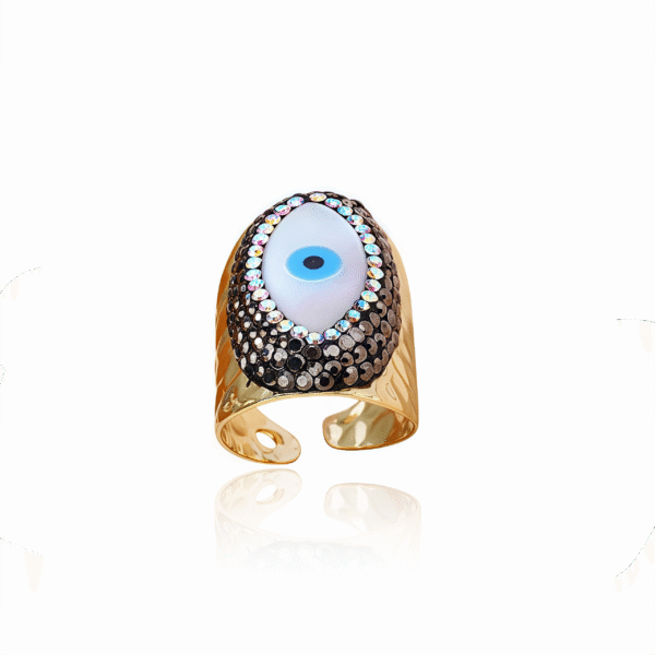 Evil Eye Shell Ring – Cosmic Spiral Protection with natural shell and gold-plated clay