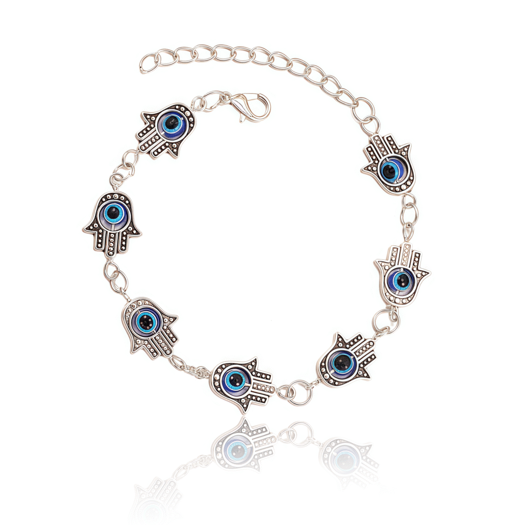 Celestial Guardian Energy Bracelet with Evil Eye and Hamsa symbols on sterling silver