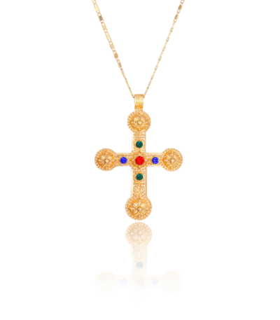 Cosmic Energy Cross Necklace with yellow gold plating and rainbow zirconia stones