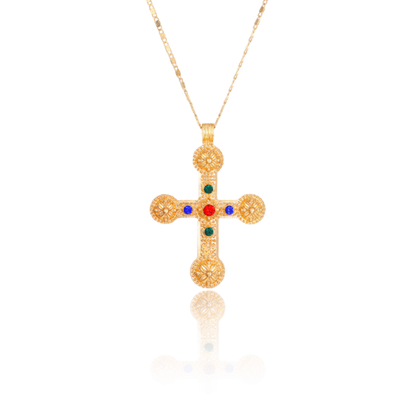 Cosmic Energy Cross Necklace with yellow gold plating and rainbow zirconia stones