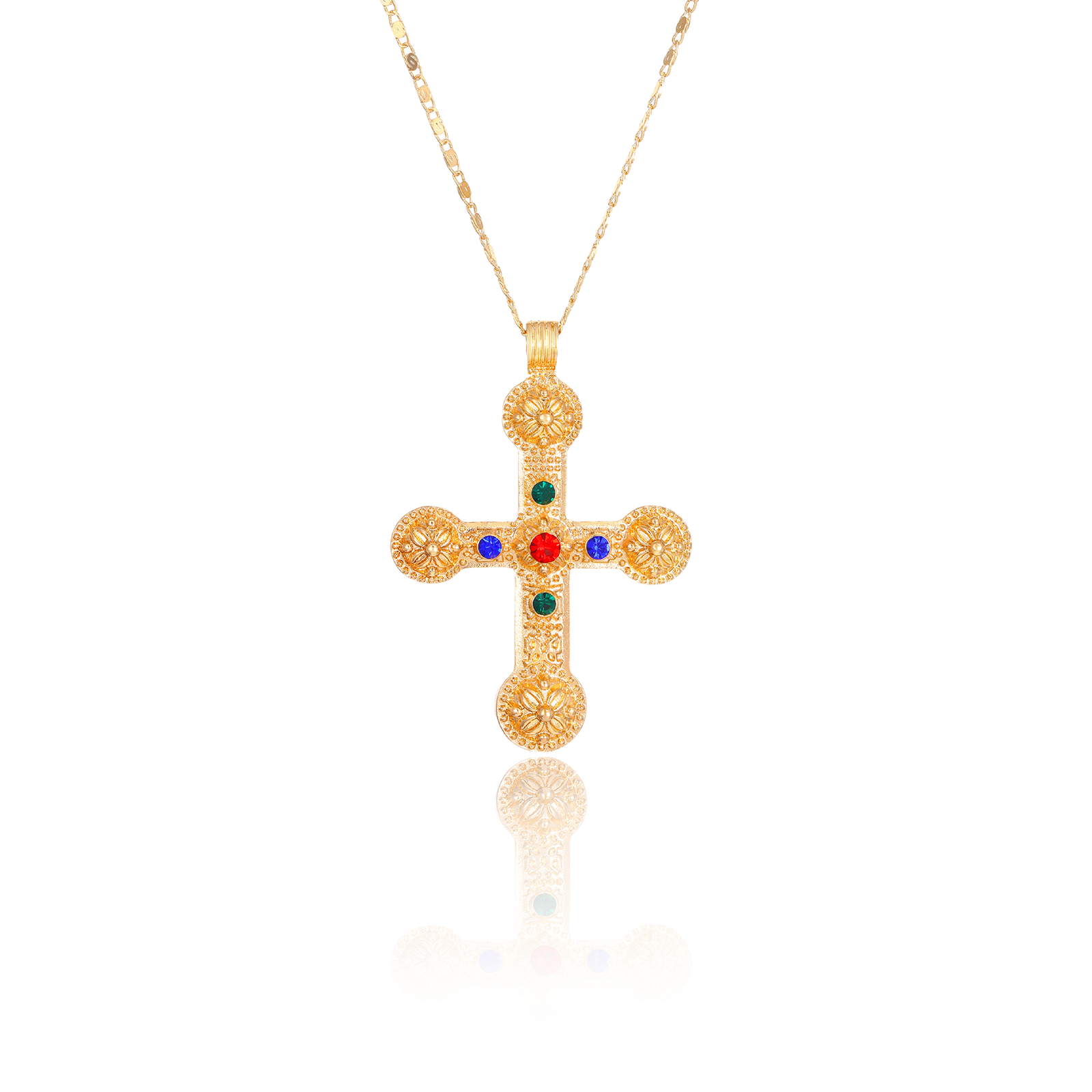 Cosmic Energy Cross Necklace – Faith in Light– Main View Cosmic Energy Cross Necklace with yellow gold plating and rainbow zirconia stones