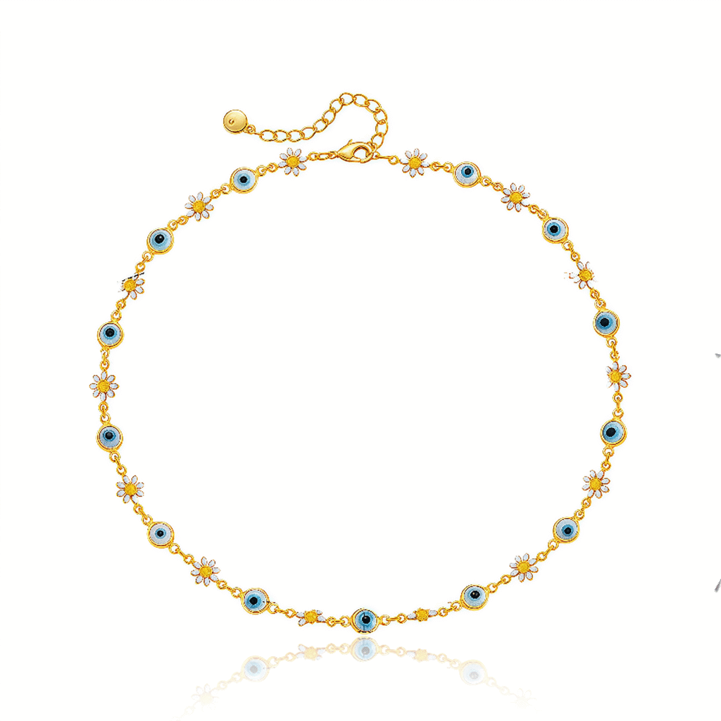 Celestial Evil Eye Necklace with daisy and blue eye on white background