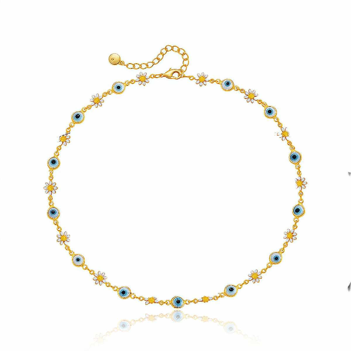 Celestial Evil Eye Necklace with daisy and blue eye on white background