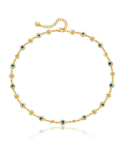 Celestial Evil Eye Necklace with daisy and blue eye on white background