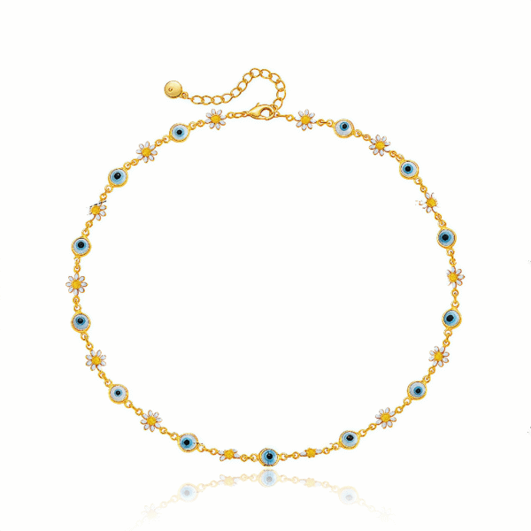 Celestial Evil Eye Necklace with daisy and blue eye on white background