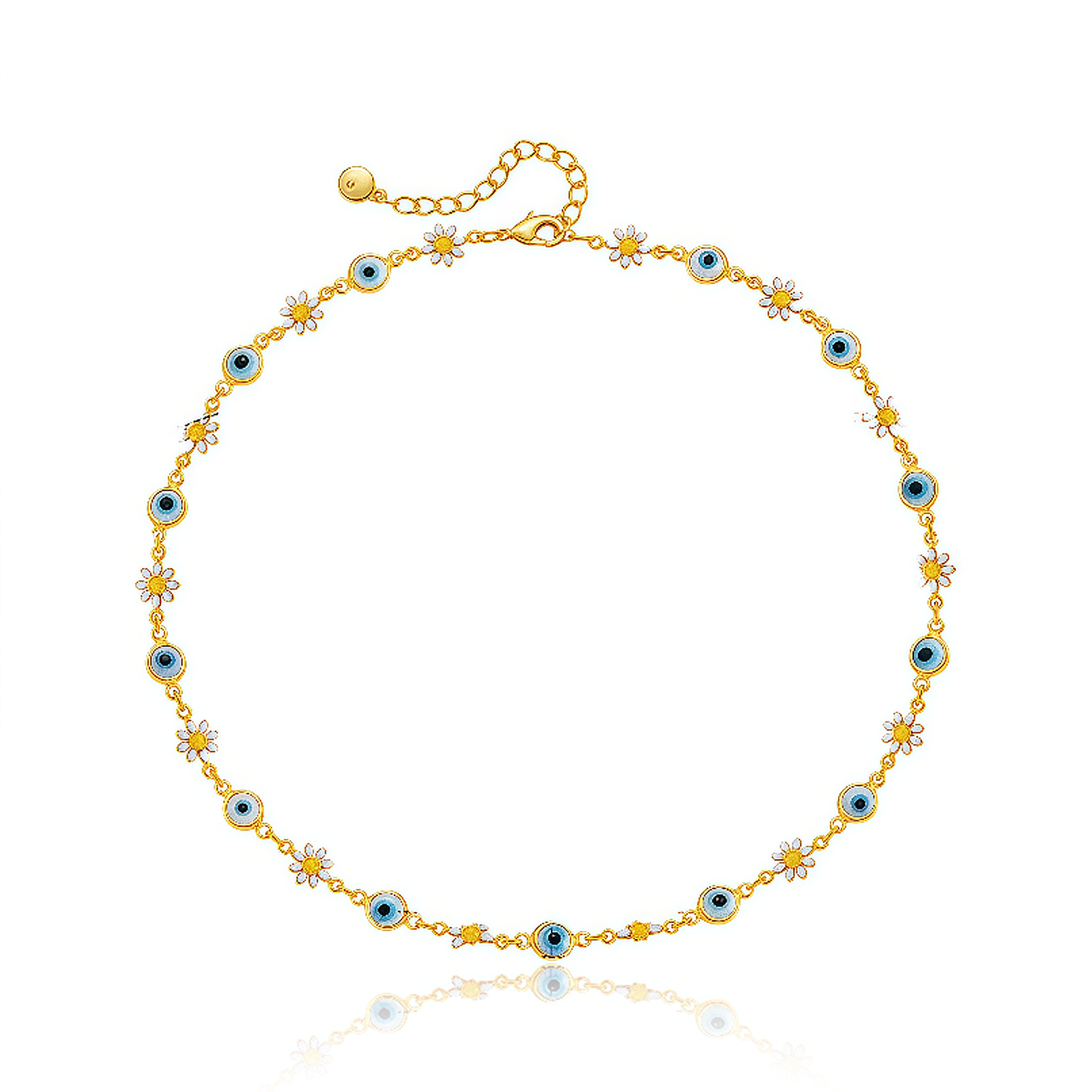 Celestial Evil Eye Necklace – Floral Charm & Cosmic Energy – Main View Celestial Evil Eye Necklace with daisy and blue eye on white background