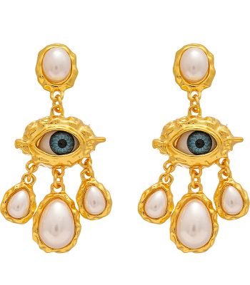 Cosmic Energy Pearl Earrings with Evil Eye and tassels on white background