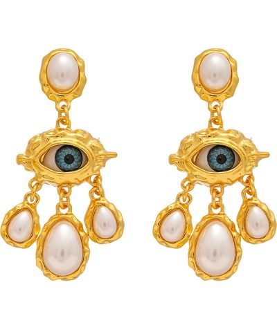 Cosmic Energy Pearl Earrings with Evil Eye and tassels on white background