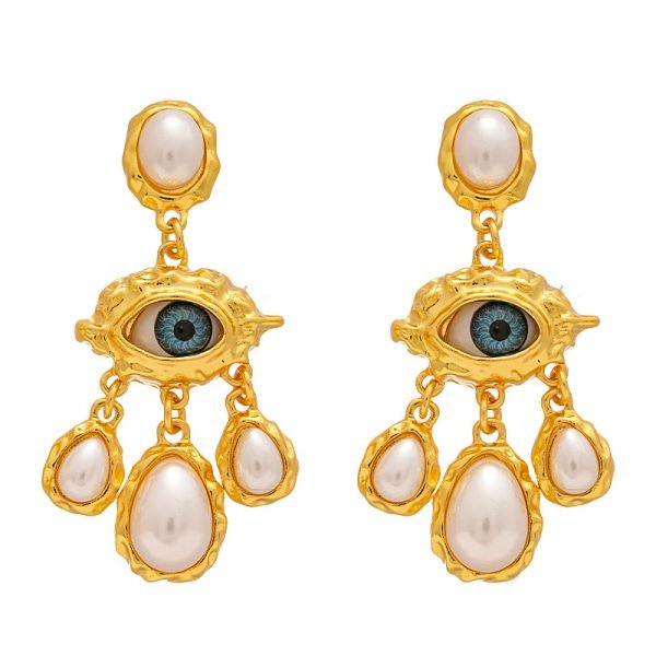 Cosmic Energy Pearl Earrings with Evil Eye and tassels on white background