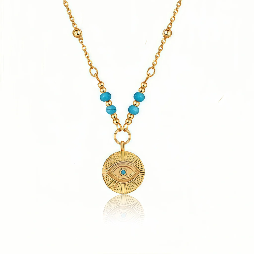 Cosmic Energy Protective – Round turquoise evil eye necklace with gold chain on white background