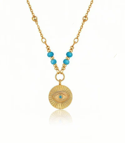 Cosmic Energy Protective – Round turquoise evil eye necklace with gold chain on white background