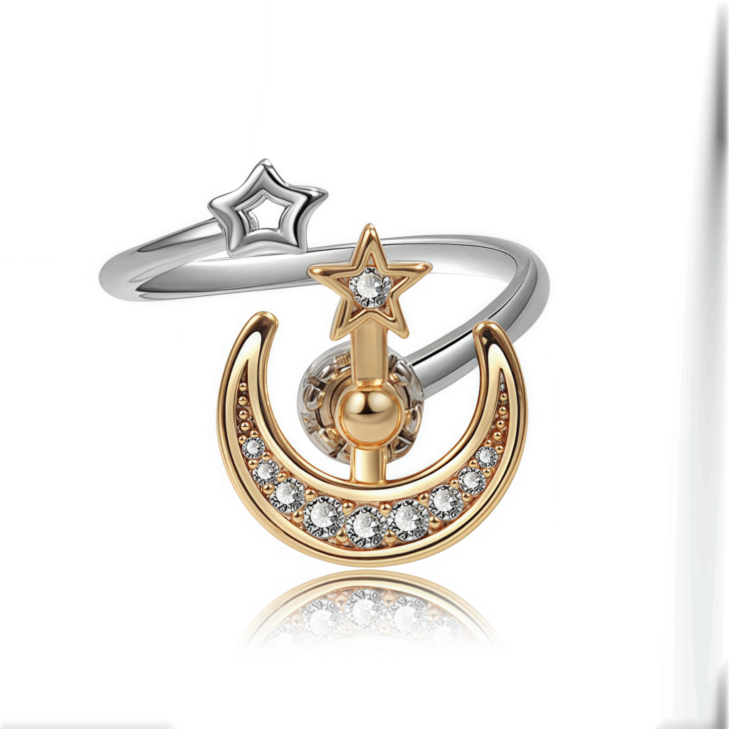 Rotating moon and star ring made of titanium steel plated in 18K gold with cosmic energy design