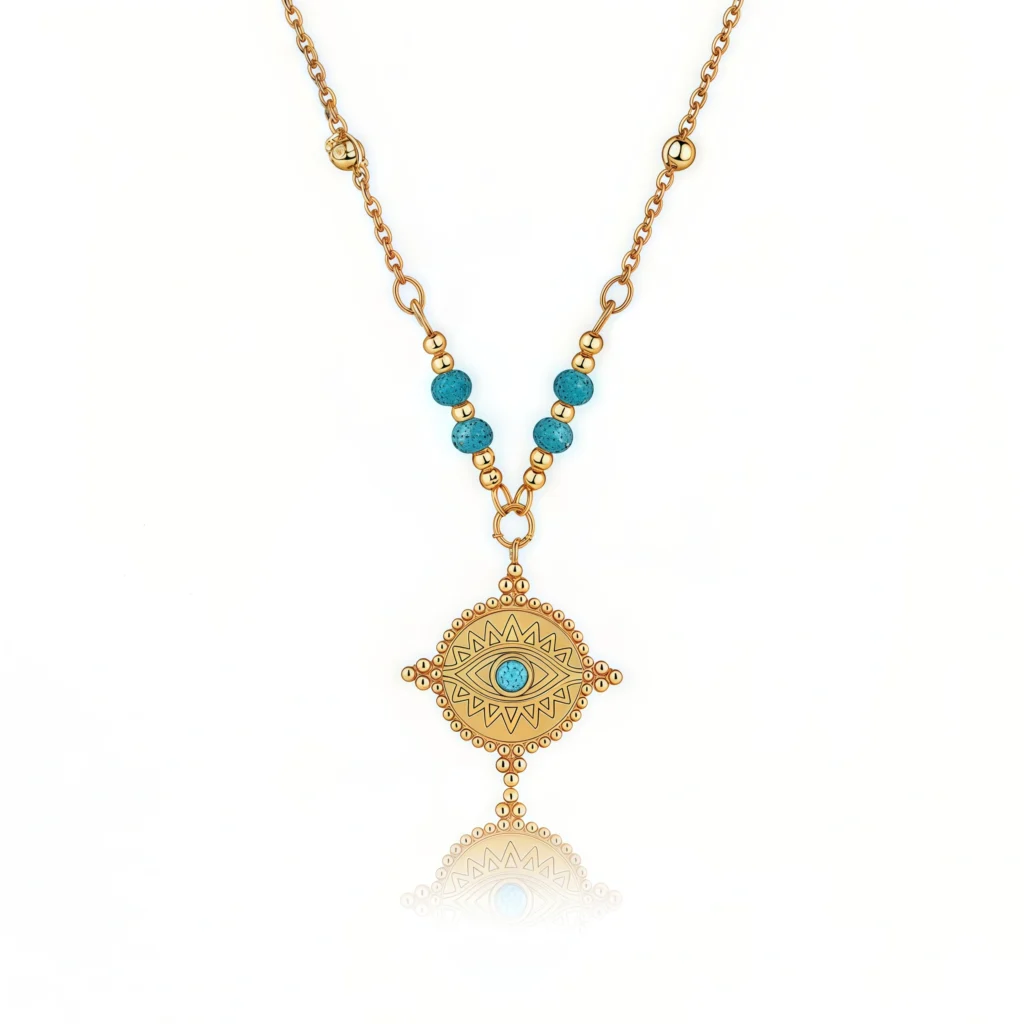 Cosmic Energy Guardian - Turquoise Evil Eye Necklace with gold-plated chain on white background