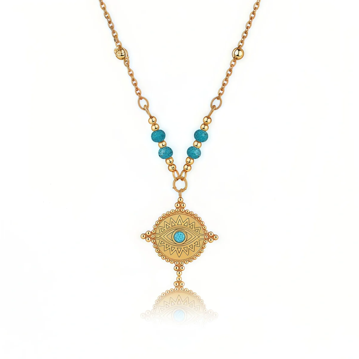 Cosmic Energy Guardian - Turquoise Evil Eye Necklace with gold-plated chain on white background