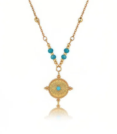 Cosmic Energy Guardian - Turquoise Evil Eye Necklace with gold-plated chain on white background