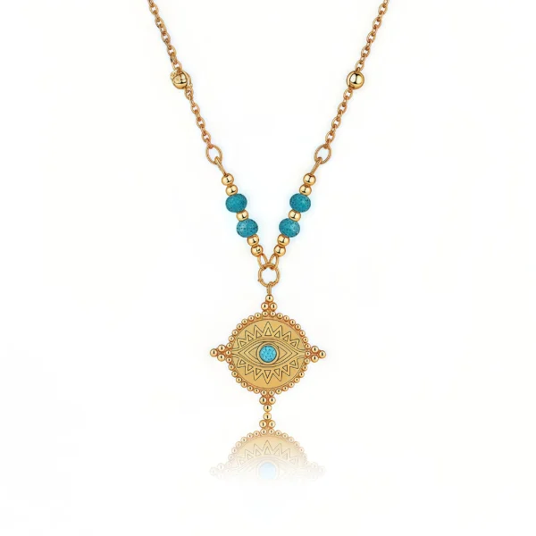 Cosmic Energy Guardian - Turquoise Evil Eye Necklace with gold-plated chain on white background