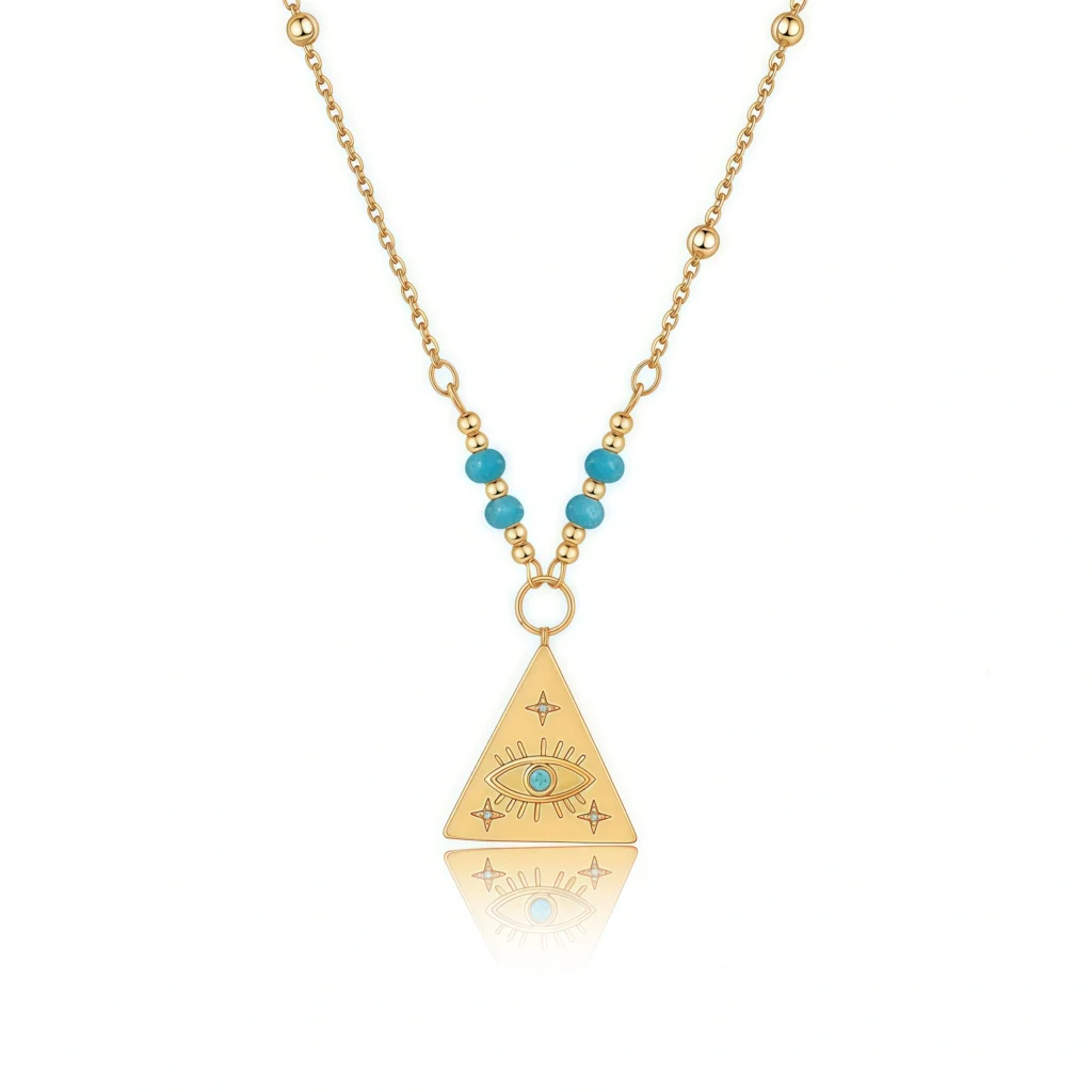 Cosmic Guardian Energy evil eye necklace with gold circle and turquoise pyramid on white background