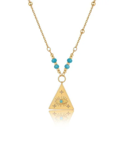 Cosmic Guardian Energy evil eye necklace with gold circle and turquoise pyramid on white background