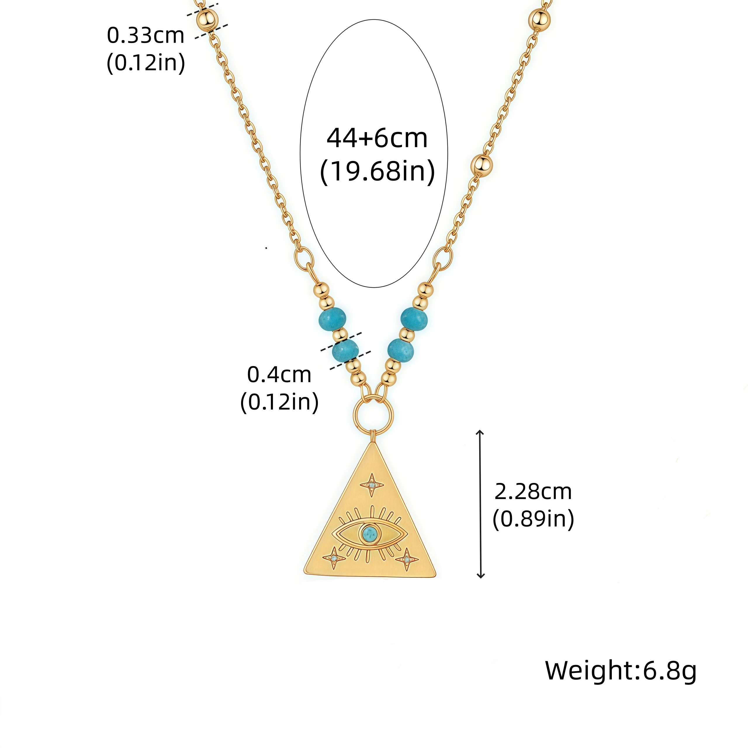 Turquoise Pyramid Evil Eye Necklace-size chart Turquoise Pyramid Evil Eye Necklace-size chart