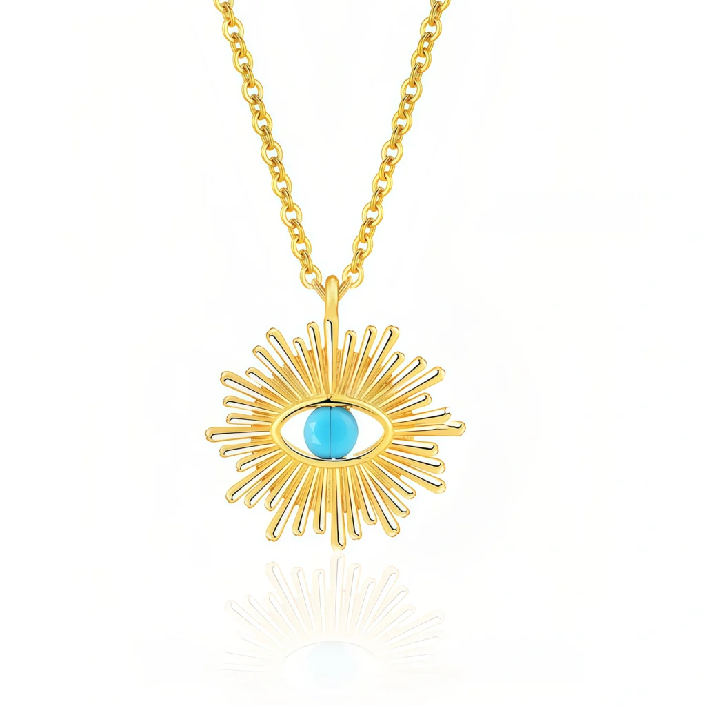 Cosmic Protective Energy Turquoise Sunflower Evil Eye Necklace on white background