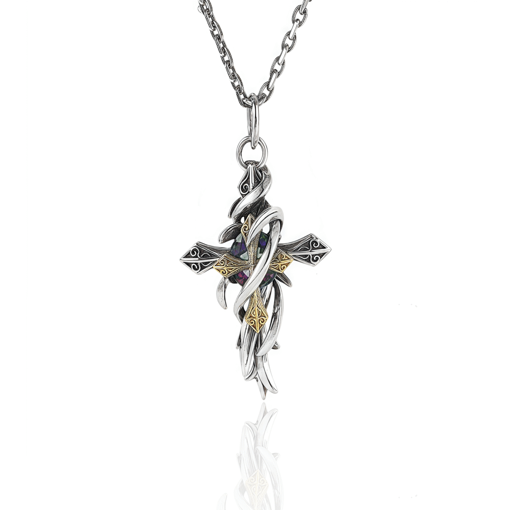 Vinewoven Dual Cross Pendant – Aura Guardian Necklace full display