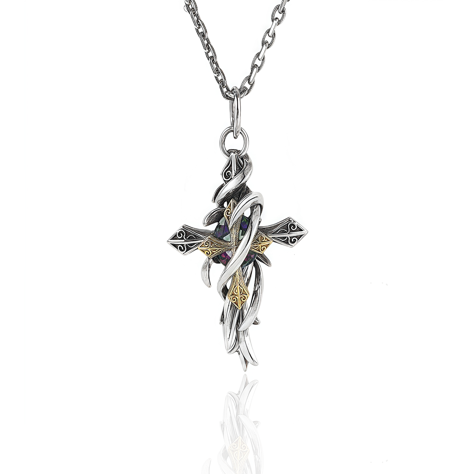 Cosmic Protection Cross Pendant-Vinewoven Dual Aura Guardian – Main View Vinewoven Dual Cross Pendant – Aura Guardian Necklace full display