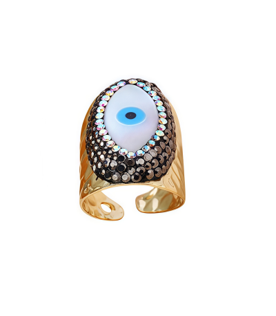 Evil Eye Shell Ring – Cosmic Spiral Protection with natural shell and gold-plated clay