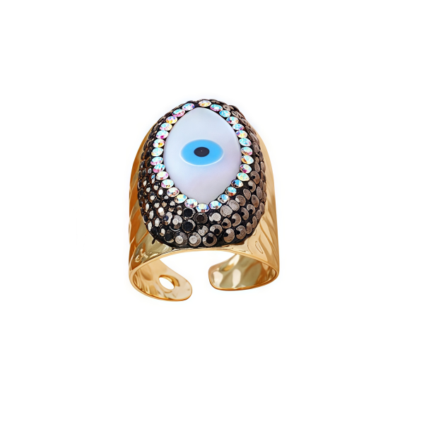 Evil Eye Shell Ring – Cosmic Spiral Protection with natural shell and gold-plated clay