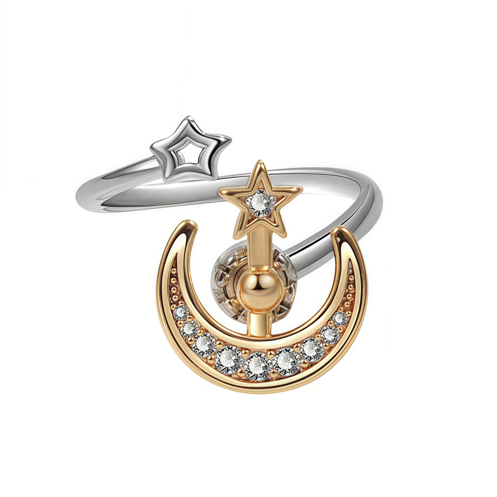 Rotating moon and star ring made of titanium steel plated in 18K gold with cosmic energy design