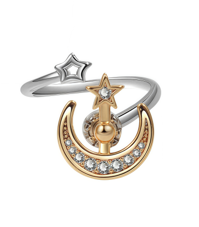Rotating moon and star ring made of titanium steel plated in 18K gold with cosmic energy design