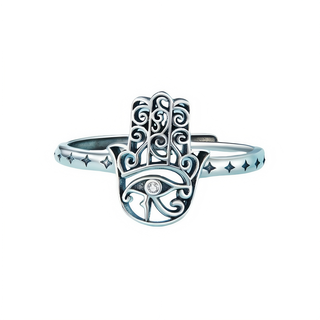 Celestial Harmony Adjustable Silver Hamsa Ring with diamond accent on white background
