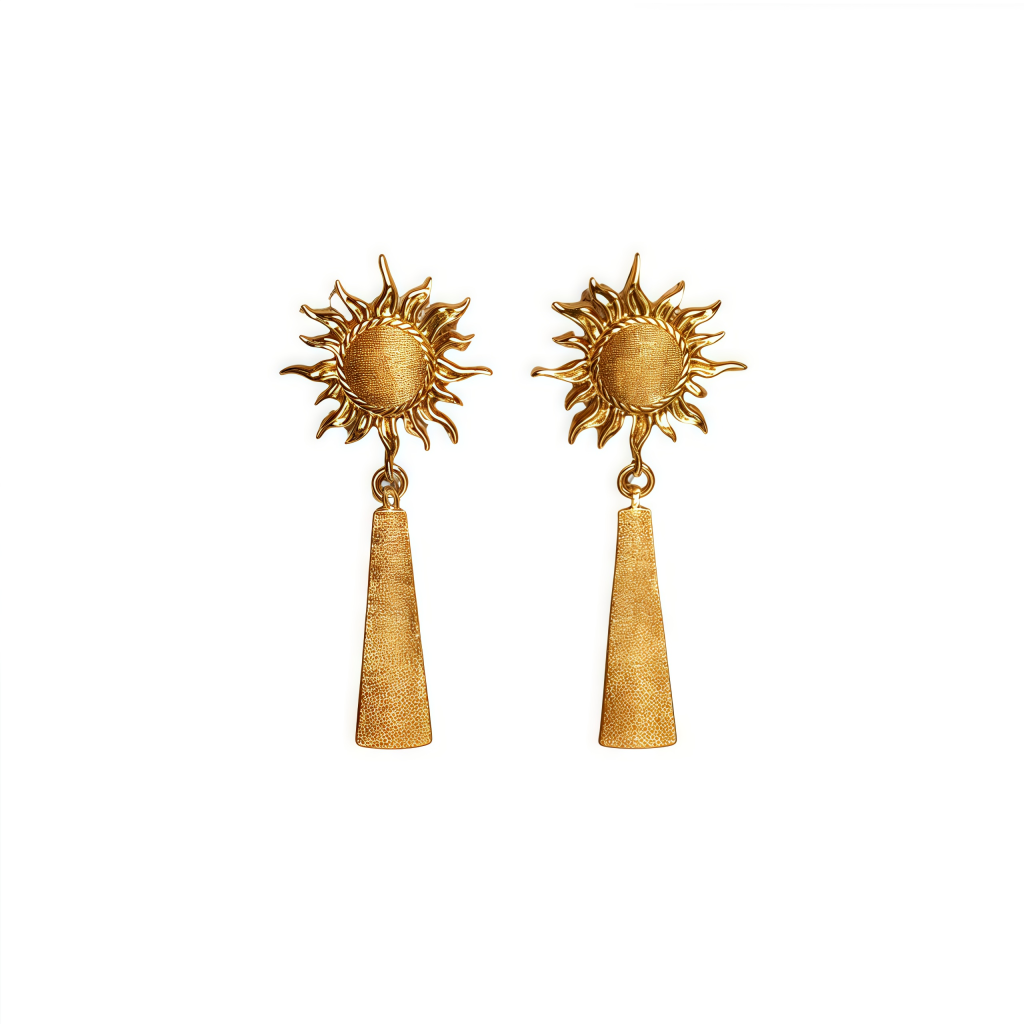 Golden sun earrings with flowing tassels symbolizing cosmic energy and solar light