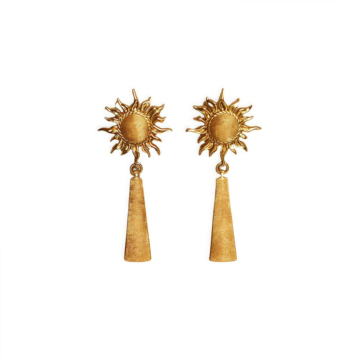 Golden sun earrings with flowing tassels symbolizing cosmic energy and solar light