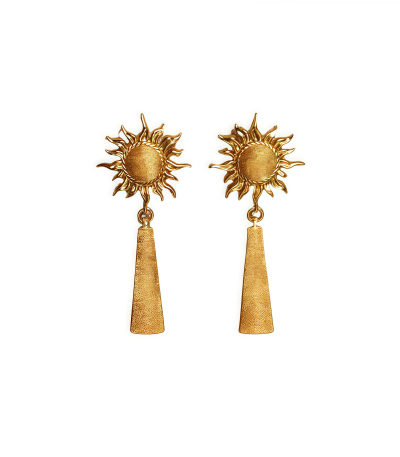 Golden sun earrings with flowing tassels symbolizing cosmic energy and solar light