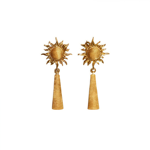 Golden sun earrings with flowing tassels symbolizing cosmic energy and solar light