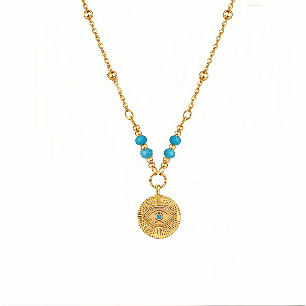 Cosmic Energy Protective – Round turquoise evil eye necklace with gold chain on white background
