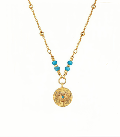 Cosmic Energy Protective – Round turquoise evil eye necklace with gold chain on white background