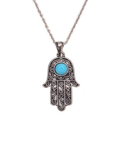 Cosmic Energy Hamsa Necklace with turquoise charm on white background