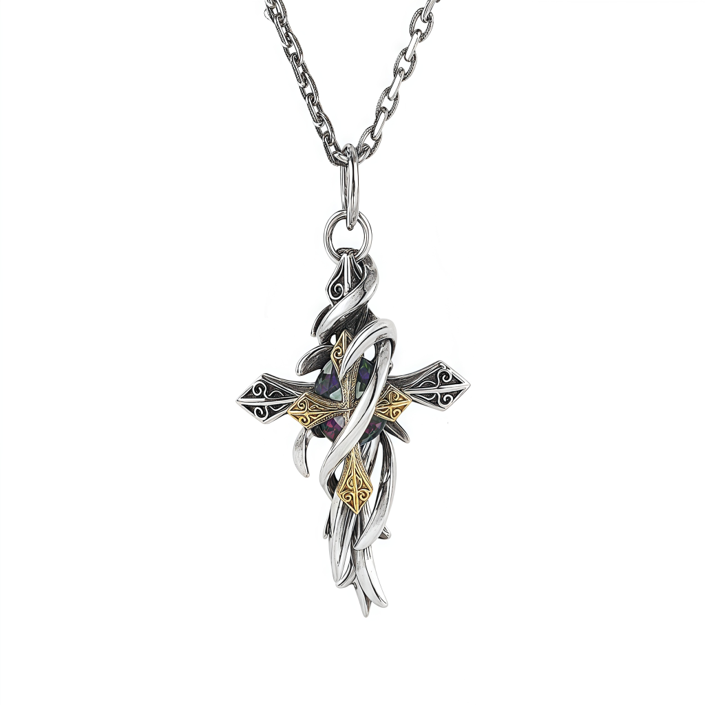 Vinewoven Dual Cross Pendant – Aura Guardian Necklace full display