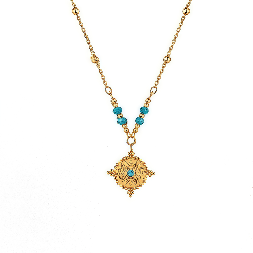 Cosmic Energy Guardian - Turquoise Evil Eye Necklace with gold-plated chain on white background