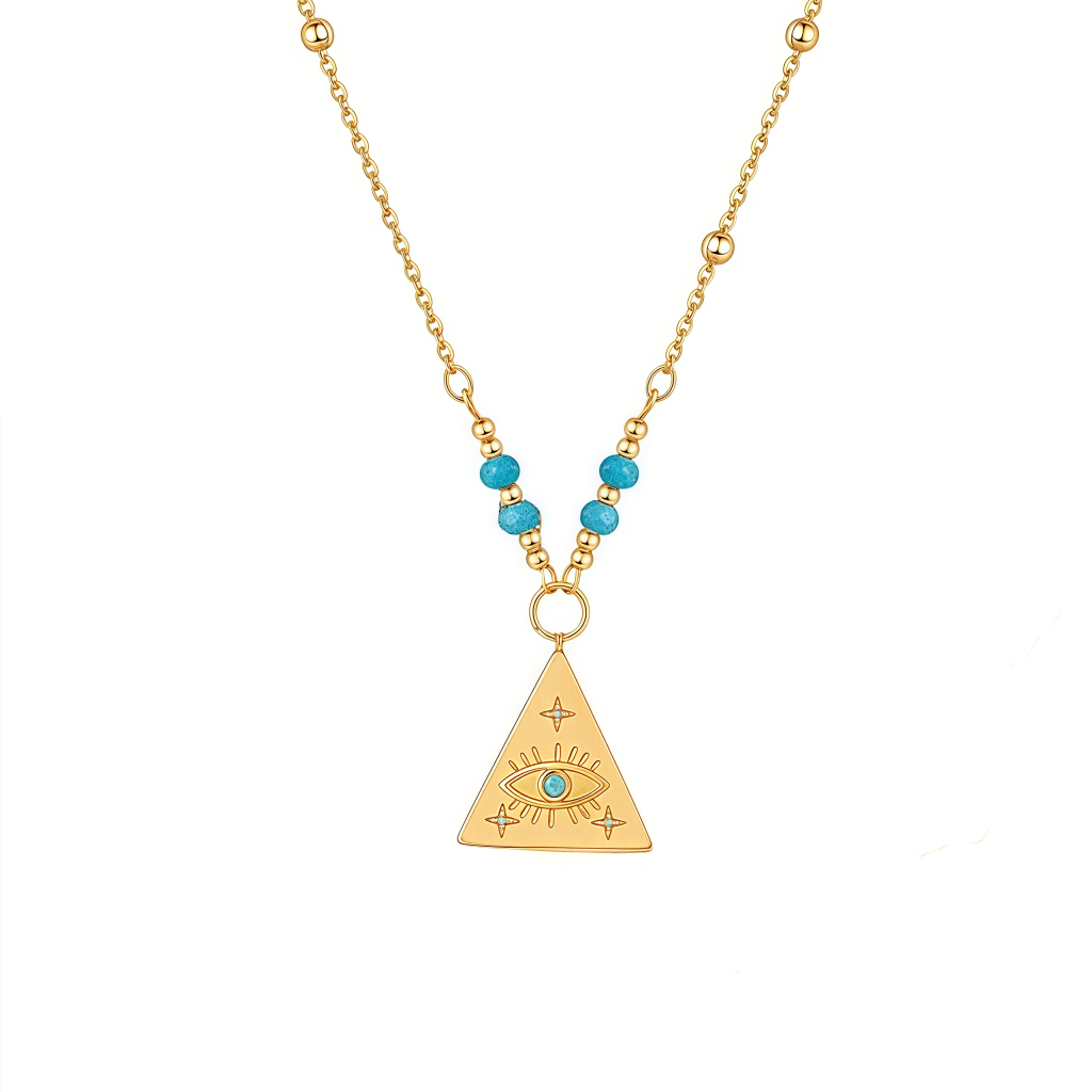 Cosmic Guardian Energy evil eye necklace with gold circle and turquoise pyramid on white background