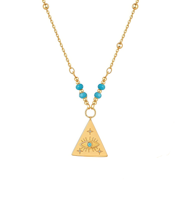 Cosmic Guardian Energy evil eye necklace with gold circle and turquoise pyramid on white background