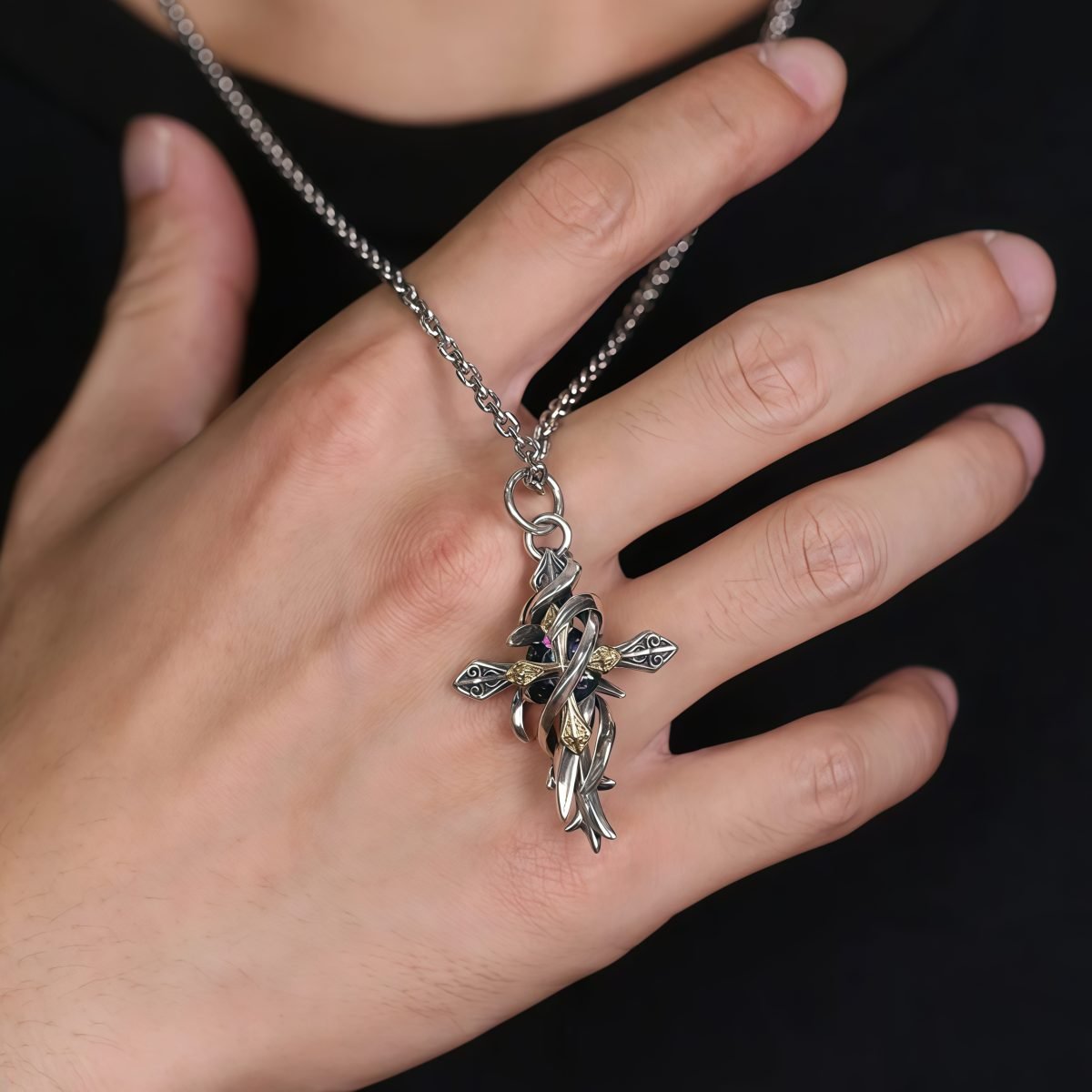 Woman wearing the Vinewoven Dual Cross Pendant - Aura Guardian Necklace