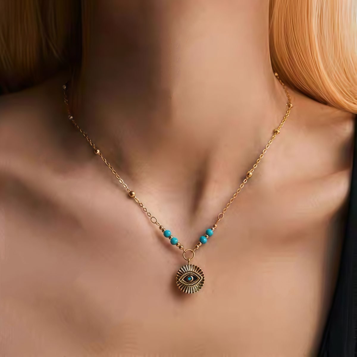 Woman wearing Cosmic Energy Protective turquoise evil eye necklace close to collarbone